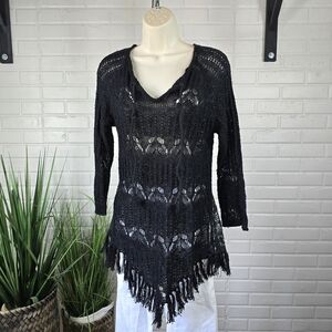 Wrangler Black Crochet Fringe Tunic Sweater Size Medium